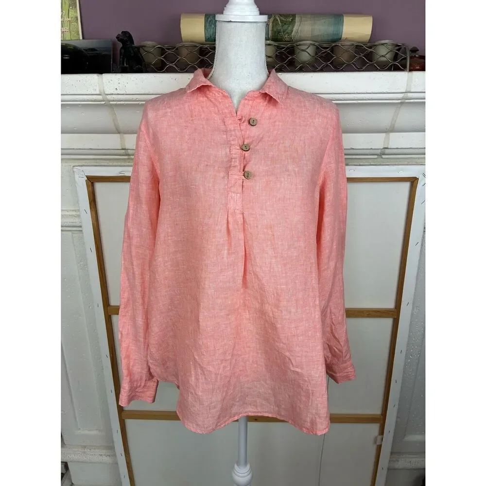 Sigrid Olsen Coral Pure Linen Shirt w/wooden buttons convertible sleeves